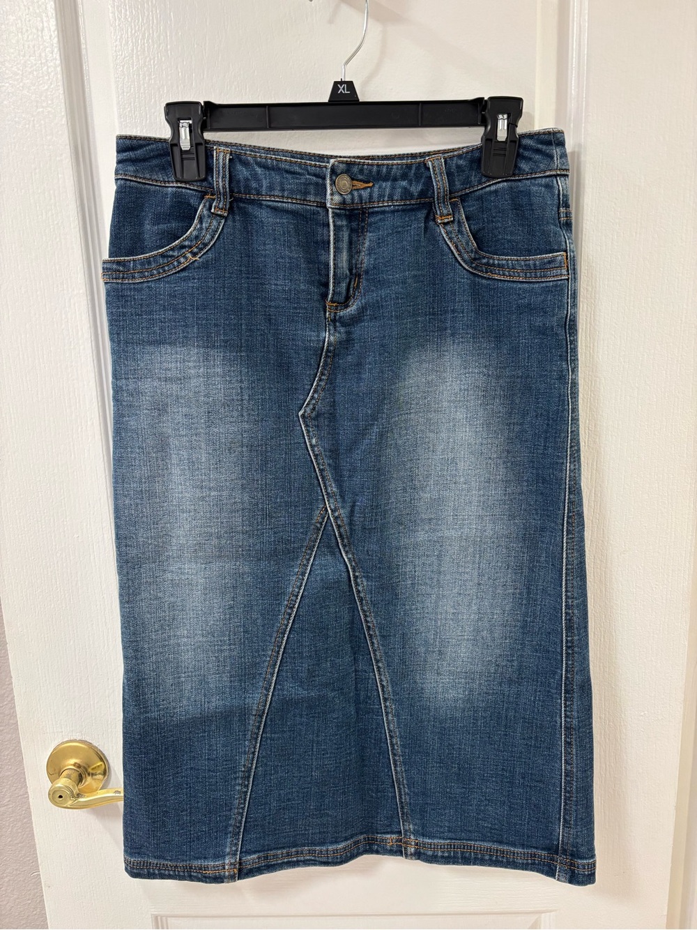 Y2K Low Rise Denim Midi Skirt in Medium Blue Wash with Back Slit M